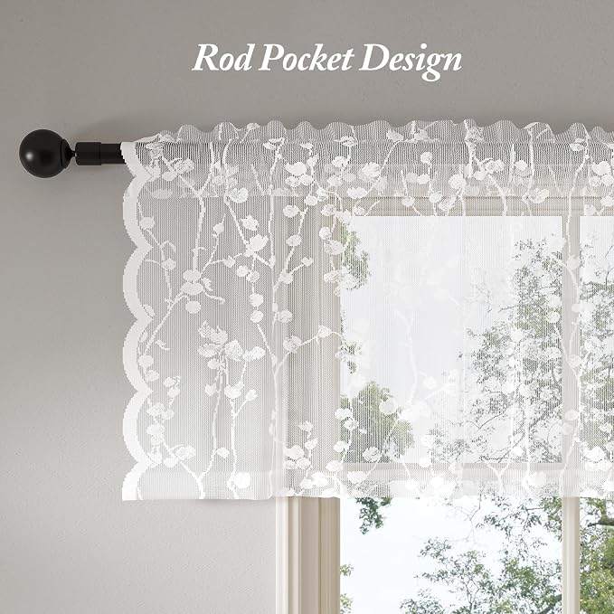 Rinwoc White Lace Semi-Sheer Valance Curtains – Privacy Light Filtering Rod - Image 5