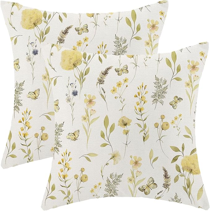 Spring Pillow Covers 18x18 Inch Set of 2, Mustard Yellow Green Wild Flower by AEIOAE