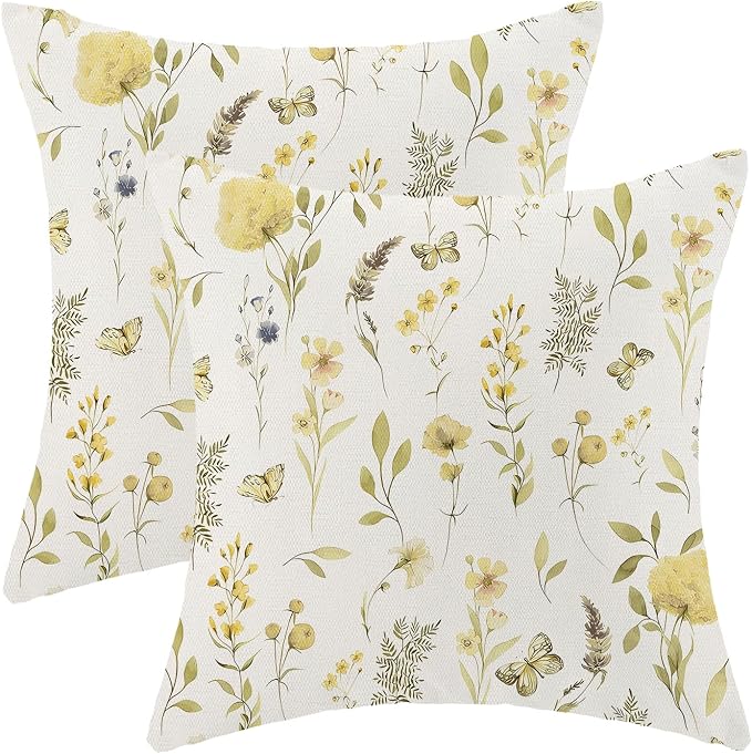 Spring Pillow Covers 16x16 Inch Set of 2, Mustard Yellow Green Wild Flower by AEIOAE