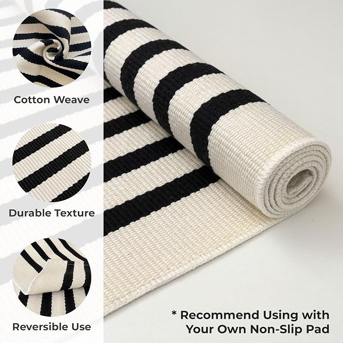 KOZYFLY Black and Beige Striped Rug 5x8 Ft Area Rug Washable Indoor Outdoor Rug - Image 4