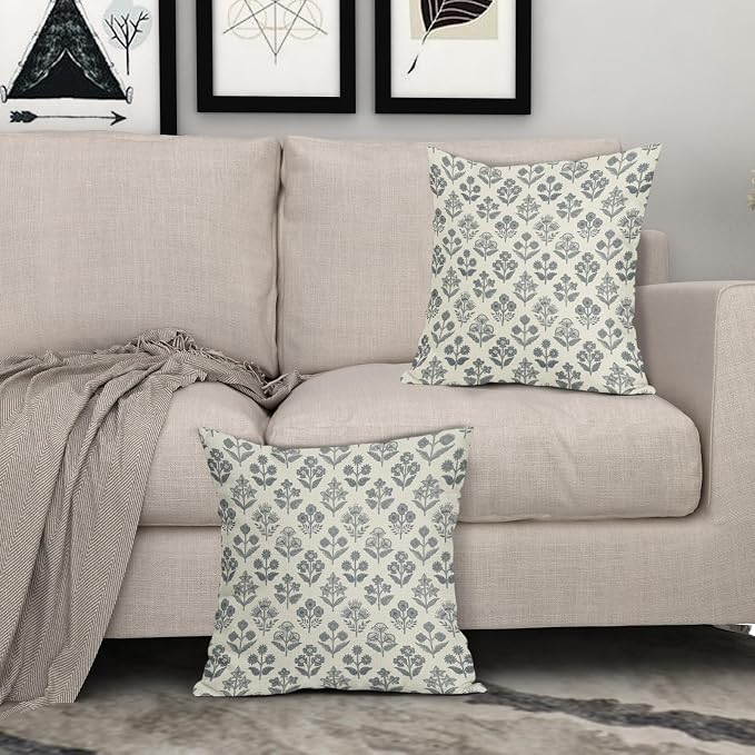 Dusty Blue Floral Pillow Covers 18x18 Inch Set of 2, Vintage Flower Block Print - Image 3