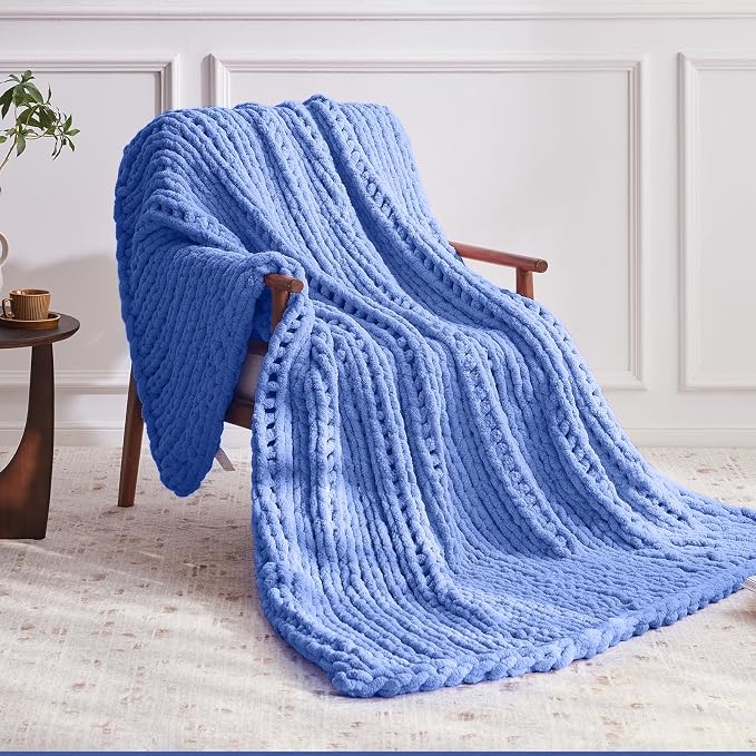 Negwoo Chunky Knit Throw Blanket, Handmade Light Blue Crochet Big Thick Blanket - Image 2