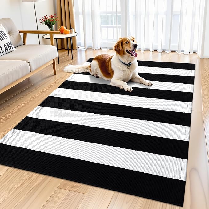 OLANLY Black and White Striped Rug 5'7" x 7'7" – Washable Cotton Indoor Outdoor - Image 6