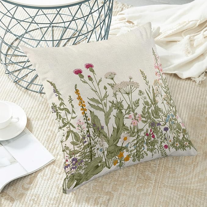 AEIOAE Sage Green Pillow Covers 20x20 Inch Set of 2, Spring Wildflower Plant - Image 4