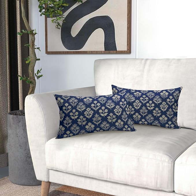 Dark Blue Pillow Covers 12x20 Inch Set of 2, Cream Floral Block Print Pattern - Image 6