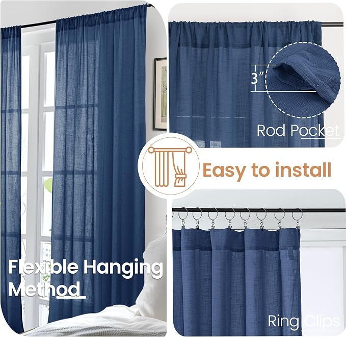 BGment Short Navy Blue Semi Sheer Curtains 40 Inch Length - Image 6
