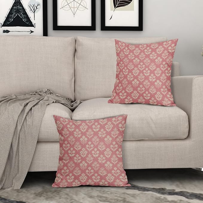 Pink Floral Block Print Pillow Covers 18x18 Inch Set of 2, Vintage Flower - Image 3