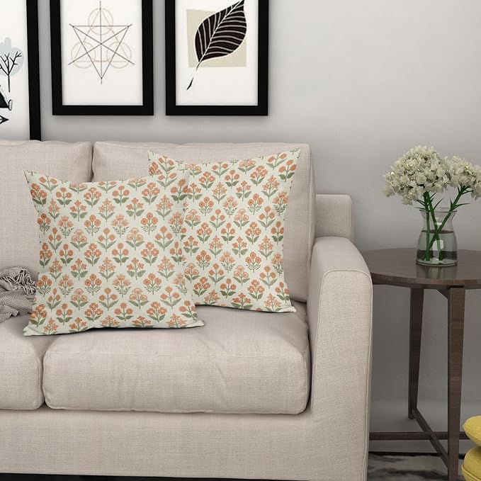 Orange Green Floral Pillow Covers 22x22 Inch Set of 2, Vintage Flower Block - Image 7
