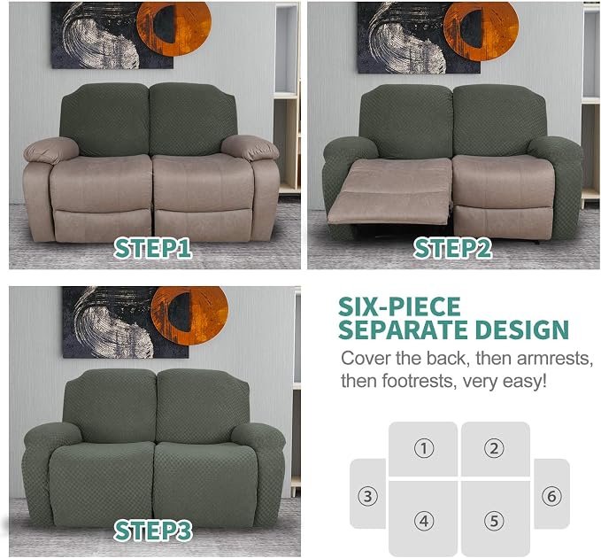 YEMYHOM 6 Pieces Stretch Loveseat Recliner Slipcover Jacquard Recliner Sofa - Image 7