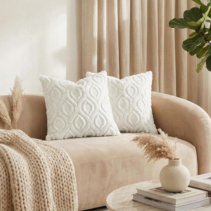 decorUhome Throw Pillow Covers 22x22 Inch Set of 2, Soft Plush Faux Wool Cream - Image 3