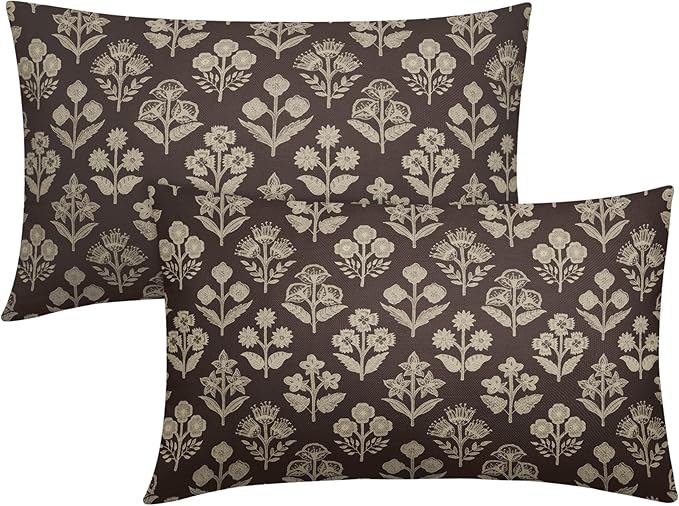 Drak Brown Pillow Covers 12x20 Inch Set of 2, Cream Floral Block Print Pattern by Sivirary