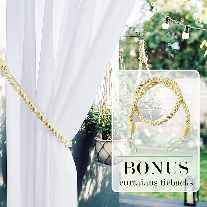 RYB HOME White Sheer Outdoor Curtains 96 inches Long, Detachable Sticky Top - Image 3