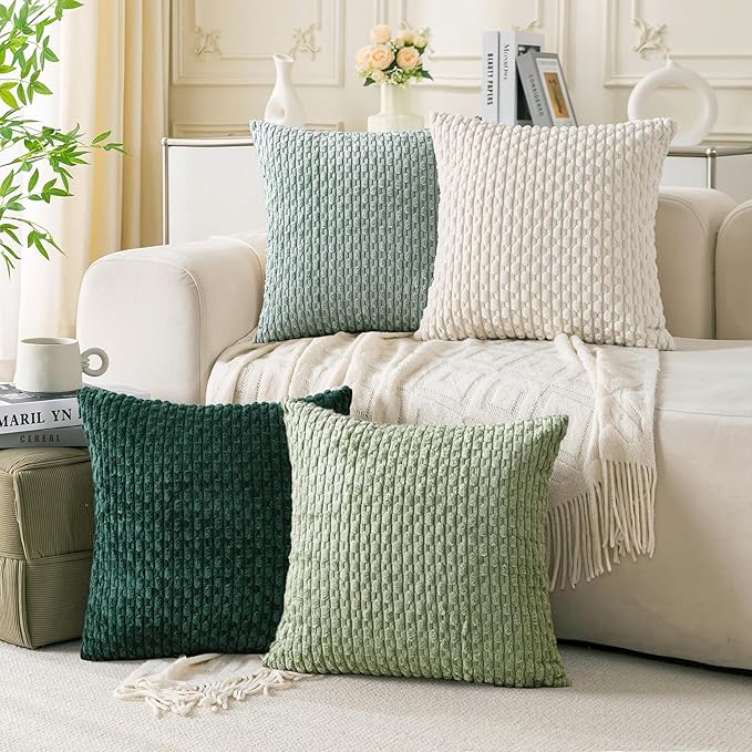 Set of 4 Sage Forest Green Decorative Throw Pillow Covers 18x18 Inch Corduroy by Cozoomy