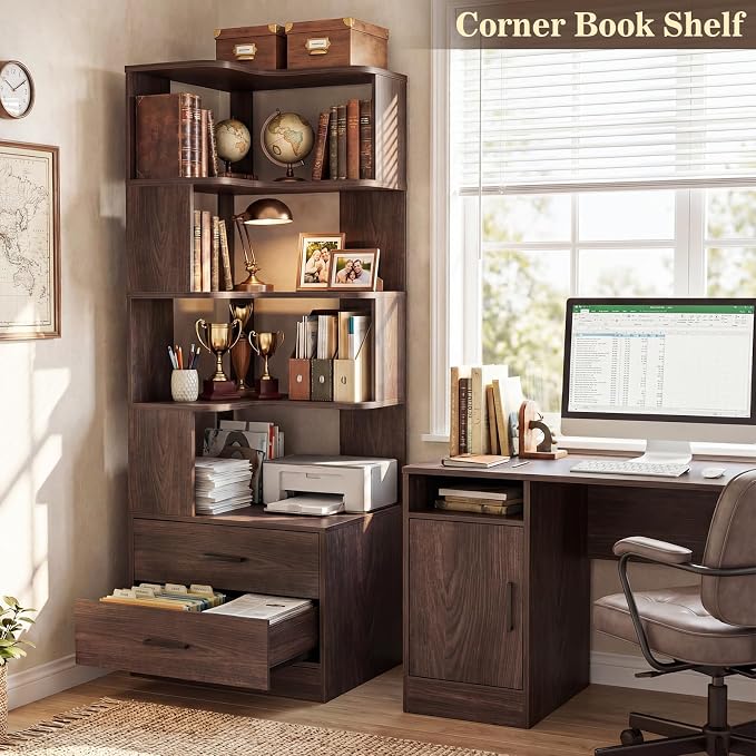 Armocity Corner Bookshelf with Drawers, 7 Tier Corner Book Shelf Display - Image 6