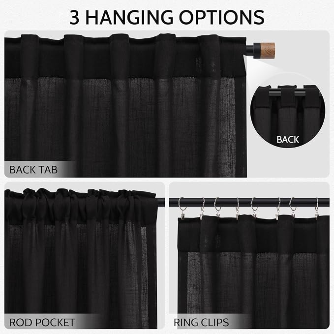 Nanspring Vintage Black Linen Curtains 96 Inches Long - Image 2