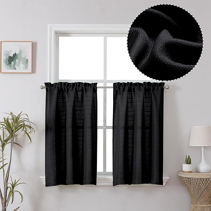 Chyhomenyc 2 Panels Black Cafe Curtains 36 Inch Length, Faux Linen Half Window by Chyhomenyc