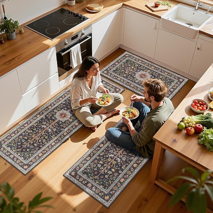 HEBE Boho Kitchen Rugs Sets of 3 Non Slip Washable Farmhouse Kitchen Rugs and - Image 2