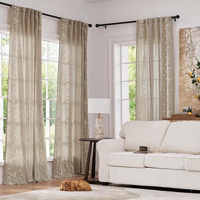 jinchan Winslow Linen Curtains for Bedroom 63 Inches Length Embroidered - Image 2