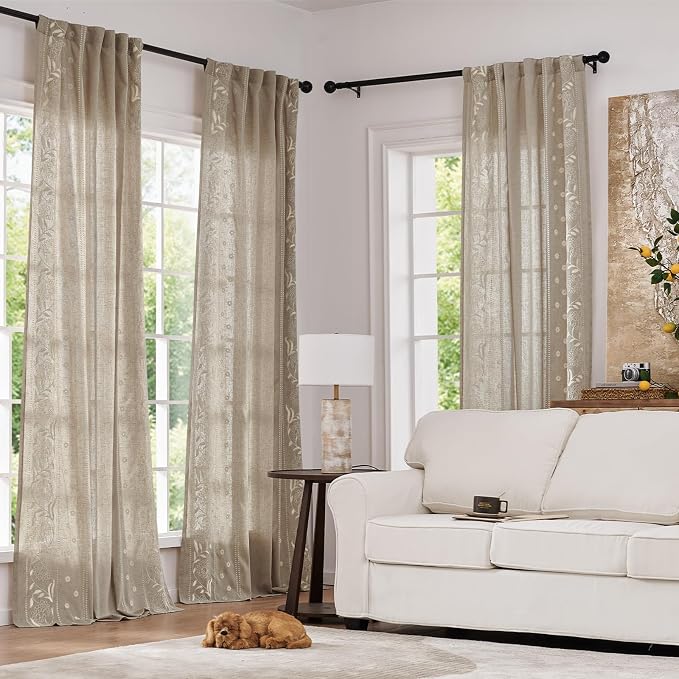 jinchan Winslow Linen Curtains for Bedroom 96 Inches Length Embroidered - Image 2