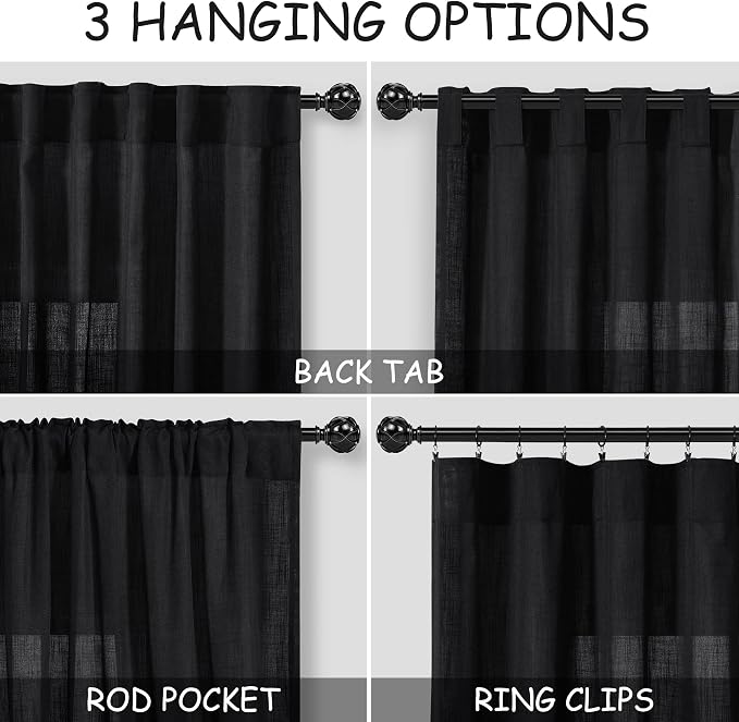 Black Kitchen Cafe Curtains 45 Inch Length 2 Panel Set Back Tab Pocket Semi - Image 3