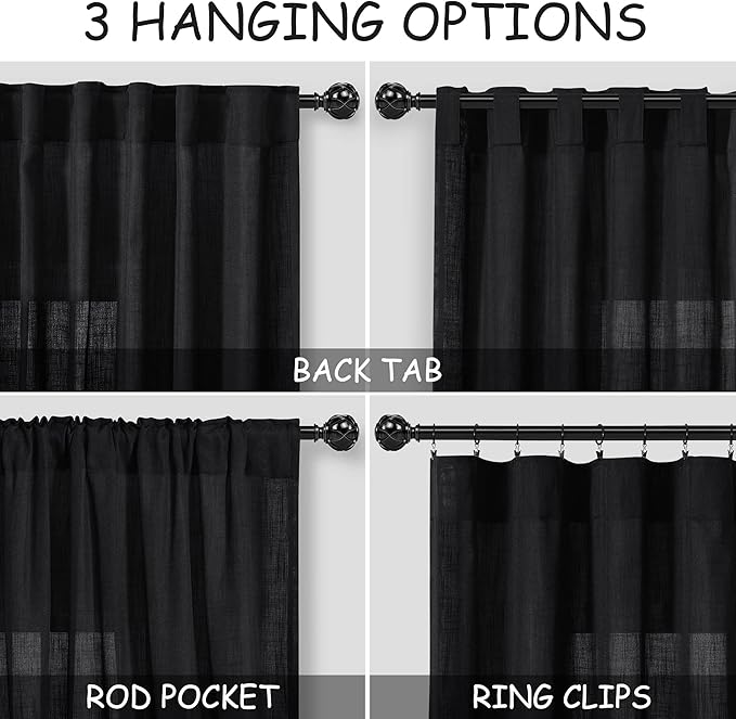 Black Sheer Linen Curtains 90 inch Length - Image 4