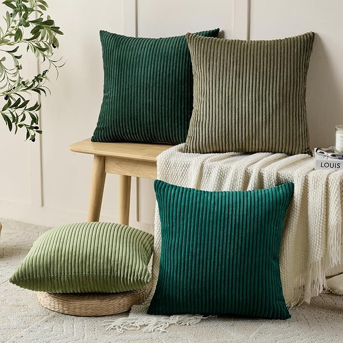 Volcanics Set of 4 Dark Green Corduroy Decorative Couch Throw Pillow Covers - Image 2