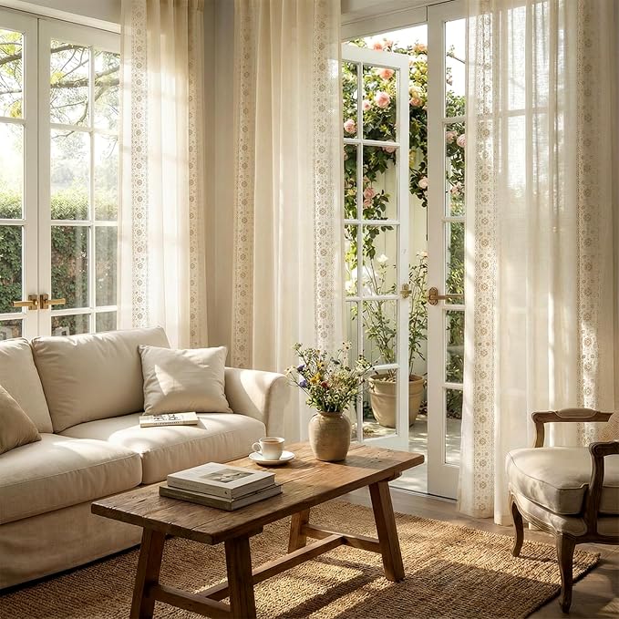 jinchan Weslie Beige Floral Sheer Curtains - Image 2