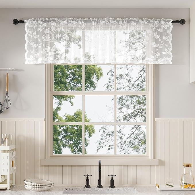 Rinwoc White Lace Semi-Sheer Valance Curtains – Privacy Light Filtering Rod by Rinwoc