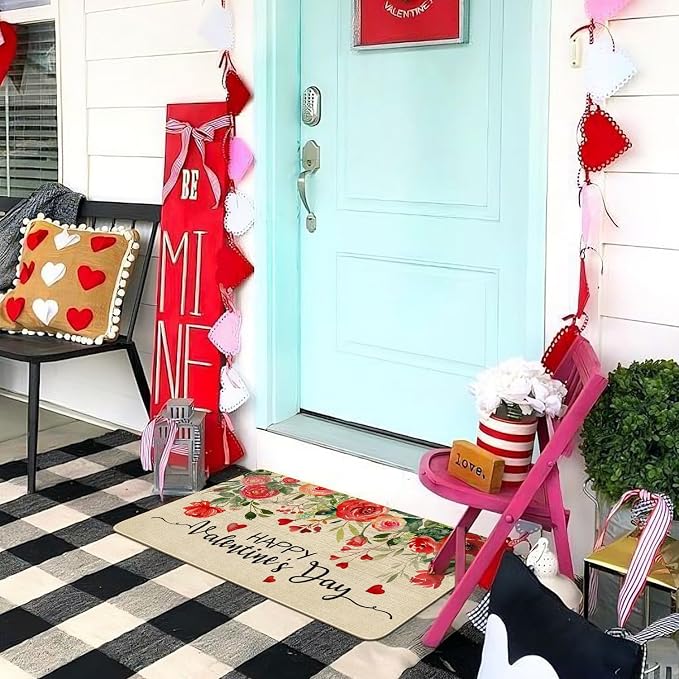 Valentines Day Door Mat, Floral Love Hearts Red Rose Flowers Indoor Outdoor - Image 2