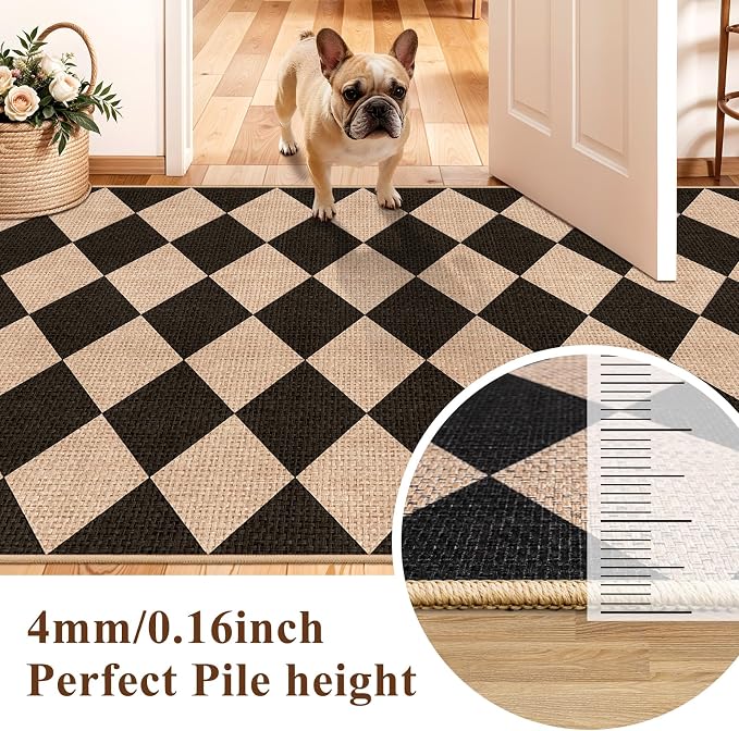 Checkered 3x5 No Shed Jute Rug: Machine Washable Non Slip Rugs Entryway Front - Image 6