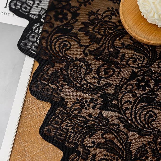 Rinwoc Black Lace Semi-Sheer Kitchen Valance Curtains – Vintage Floral Lace - Image 6