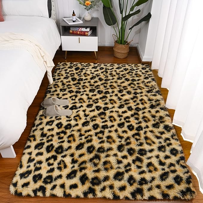 Amearea Fluffy Leopard Rug, Premium Cheetah Print Rugs, Soft Comfy Faux Fur - Image 5