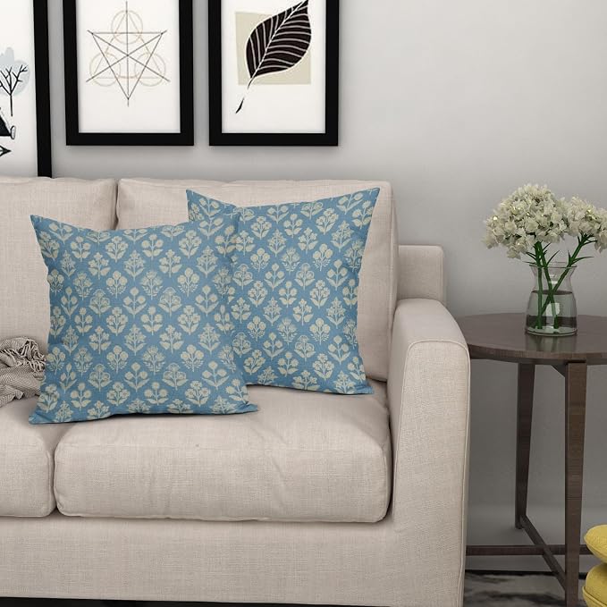 Light Blue Floral Block Print Pillow Covers 20x20 Inch Set of 2, Vintage Flower - Image 7