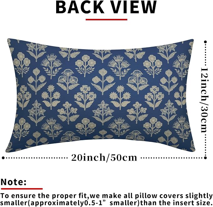 Blue Pillow Covers 12x20 Inch Set of 2, Cream Floral Block Print Pattern Lumbar - Image 3