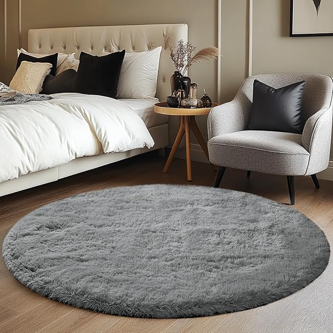 CAIYUECS Grey Round Rug for Bedroom: 4x4Feet Soft and Fluffy Area Rug for - Image 2