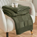 CozeCube Check Knit Throw Blanket, Olive Green Checkered Throw by CozeCube