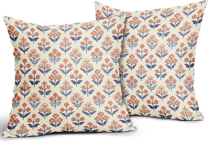 Navy Blue Orange Floral Block Print Pillow Covers 16x16 Inch Set of 2, Fall - Image 2
