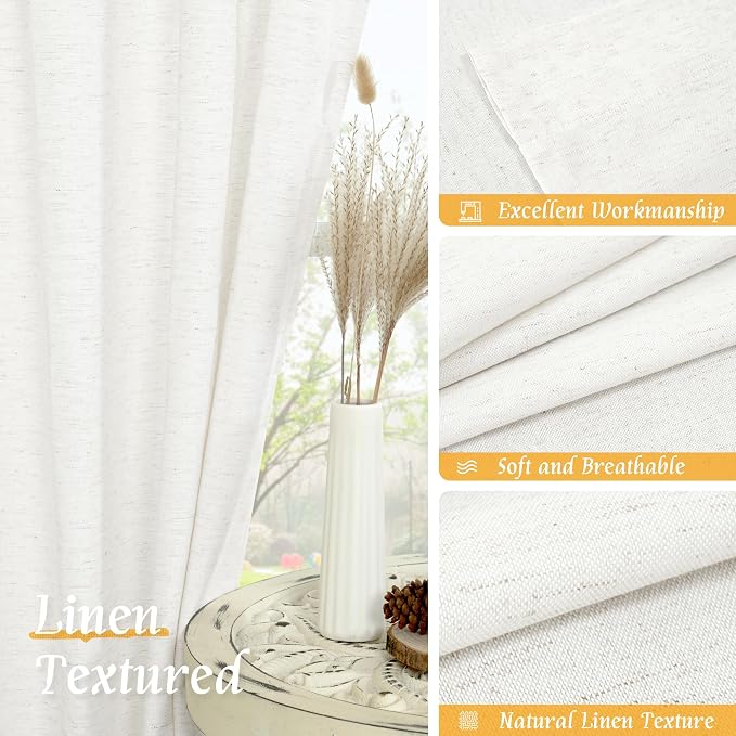 LAMIT Ivory White Linen Curtains 48 Inch Length, Faux Linen Textured Light - Image 7