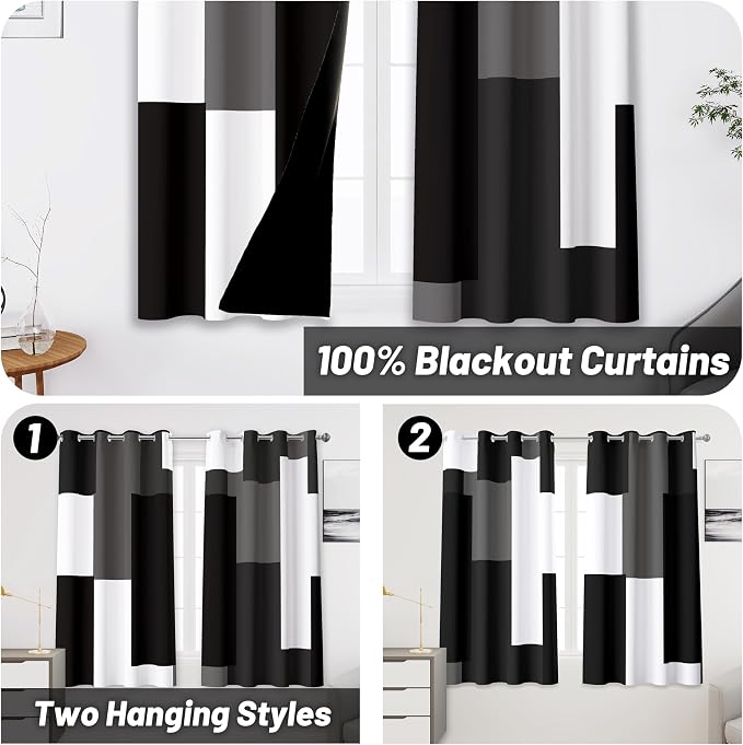 Tyrot Black Grey 100% Blackout Curtains 52 inch Length 2 Panels Set White Grey - Image 2