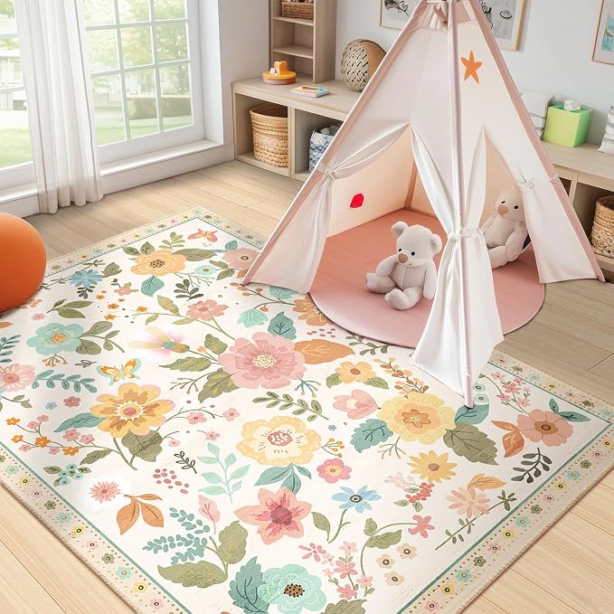 RELEANY Floral Nursery 3x5 Area Rugs Washable Print Boho Cute Carpet Non Slip by RELEANY