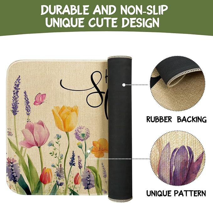 Spring Summer Door Mat, Hello Spring Tulip Lavender Flower Floral Indoor - Image 7