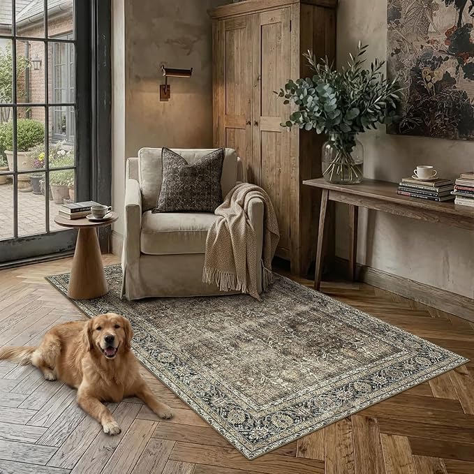 PureCozy Vintage Area Rug 4x6 Brown Entryway Office Washable Carpet Non Slip - Image 3