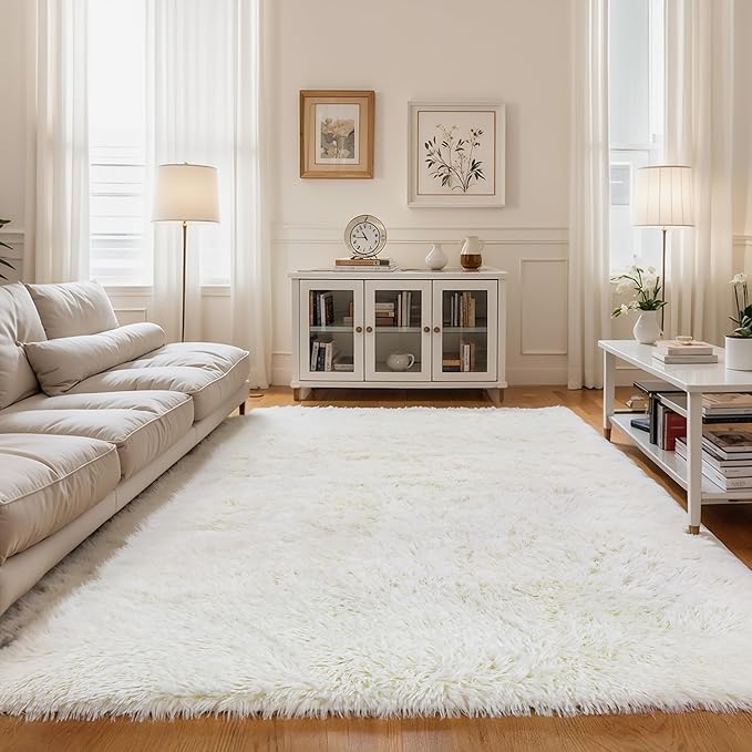 KCHOWUA Cream White Fluffy Area Rug - Image 8