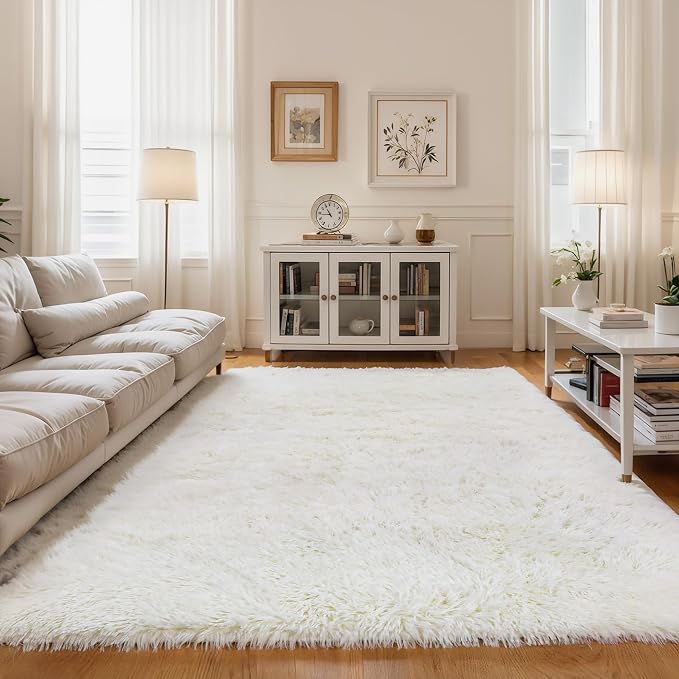 KCHOWUA Ceam White Fluffy Shag Large Area Rug by KICHOWUA
