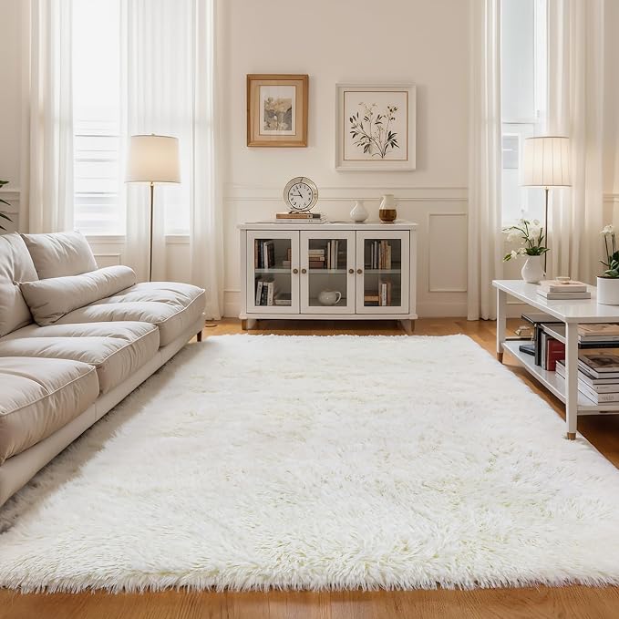 KCHOWUA Cream White Fluffy Shag Rug - Image 7