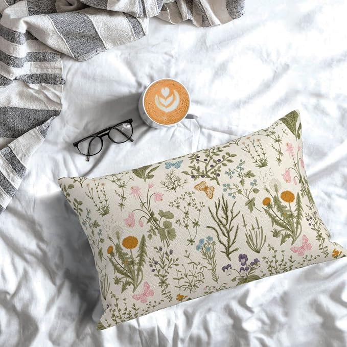 AEIOAE Spring Pillow Covers 12x20 Inch Set of 2, Sage Green Wild Flower Plant - Image 3