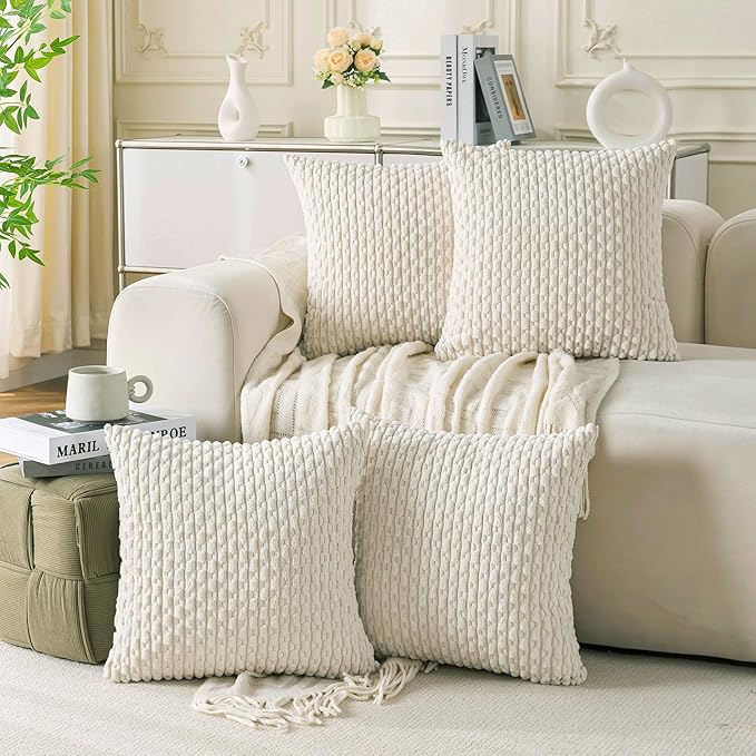 Set of 4 Cream White Decorative Throw Pillow Covers 22x22 Inch Corduroy Pillow by Cozoomy