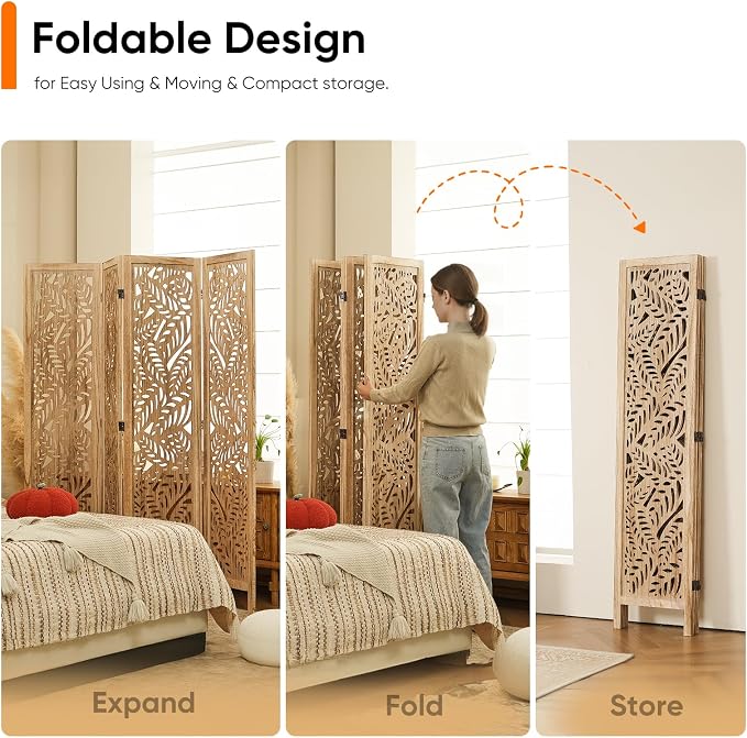 Boho Room Divider with Leaves Carving, 4-Panel Openwork Wood Screen, Decorative - Image 6