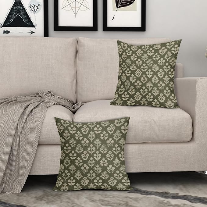 Olive Green Floral Pillow Covers 22x22 Inch Set of 2, Vintage Flower Block - Image 3