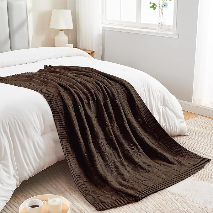 CozeCube Check Knit Throw Blanket, Dark Brown Checkered Throw - Image 7